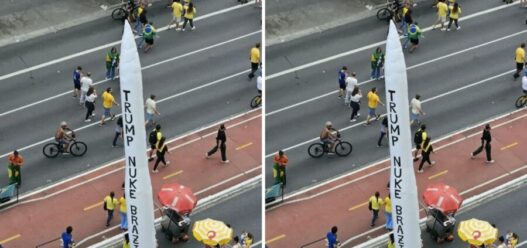 Apoiadores de Flávio Bolsonaro levam míssil inflável com pedido para Trump bombardear o Brasil a ato na Paulista