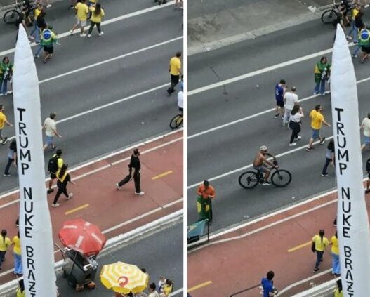 Apoiadores de Flávio Bolsonaro levam míssil inflável com pedido para Trump bombardear o Brasil a ato na Paulista
