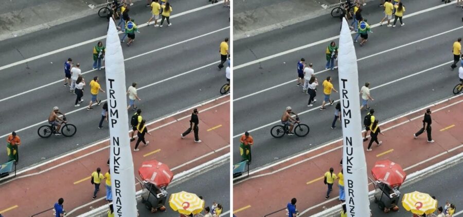 Apoiadores de Flávio Bolsonaro levam míssil inflável com pedido para Trump bombardear o Brasil a ato na Paulista